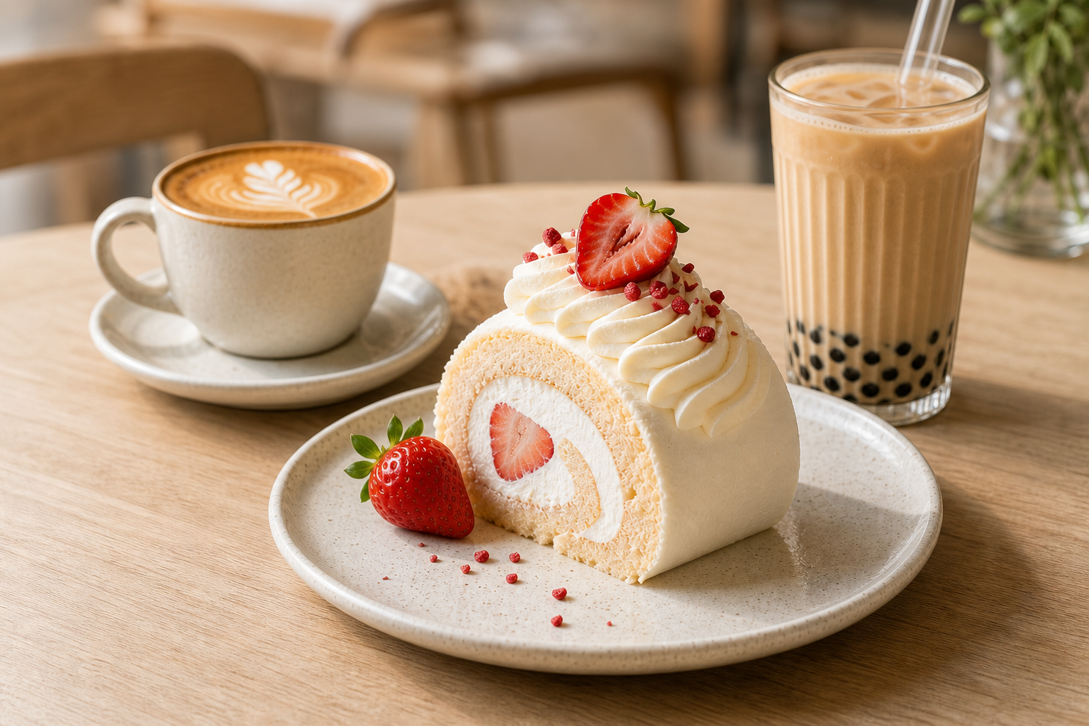 Swiss roll, coffee and milk tea on a café table