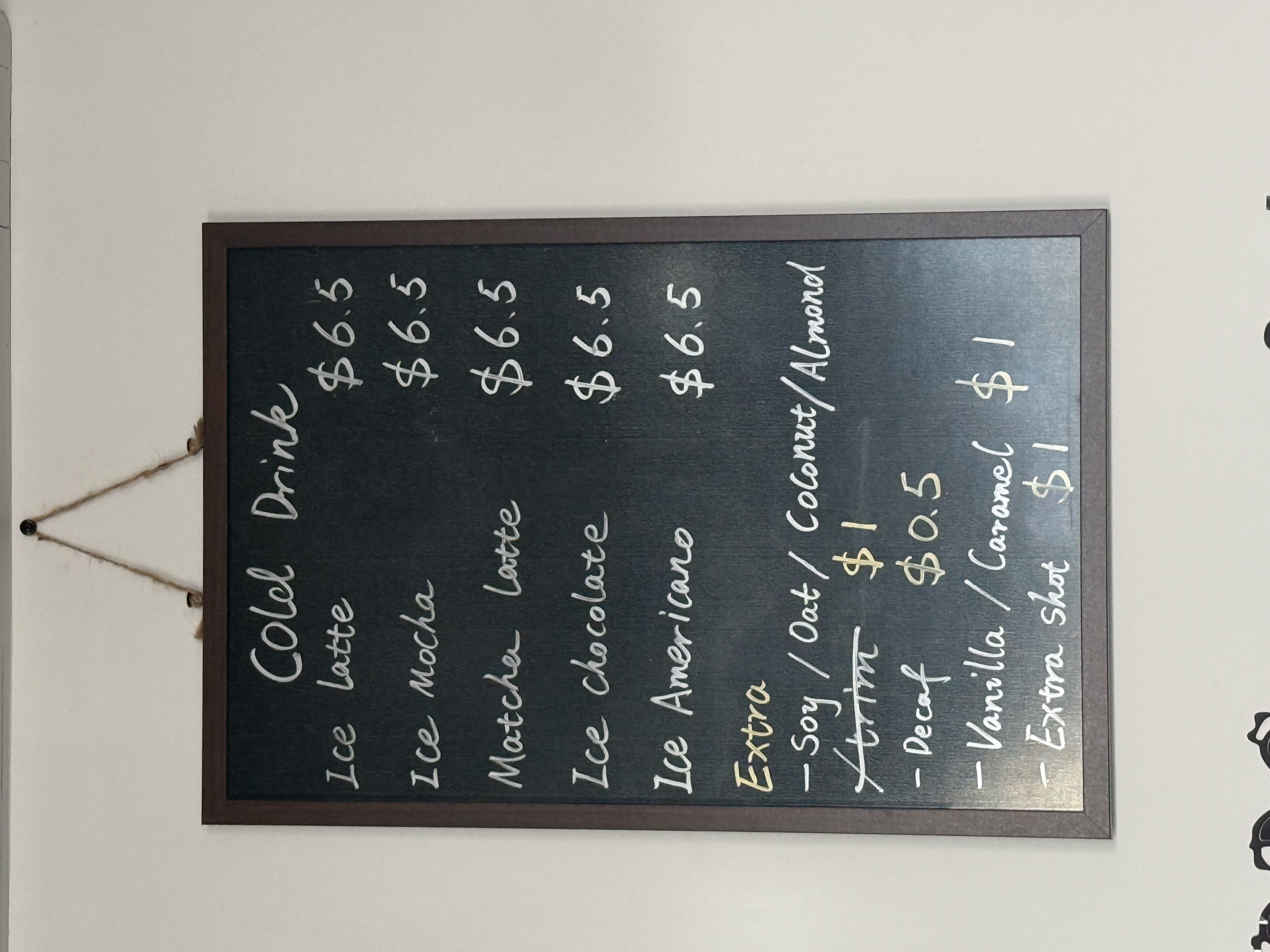 Handwritten cold drinks menu